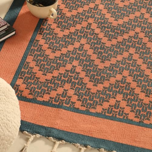Image of Peepul Tree Handmade Pure Cotton Rugs for Living Room | Multipurpose Carpet for Hall, Bed Room and Corridor | Floor Rugs | Sustainable Dhurrie Rugs | 3x5ft | Teal and Coral | Chintz Collection