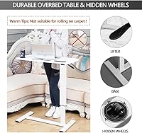 Vista 6 de Mesa de cama neumática de altura ajustable con ruedas ocultas, puertos USB, ranura para almohadilla, portátil, carrito de escritorio de pie, mesa