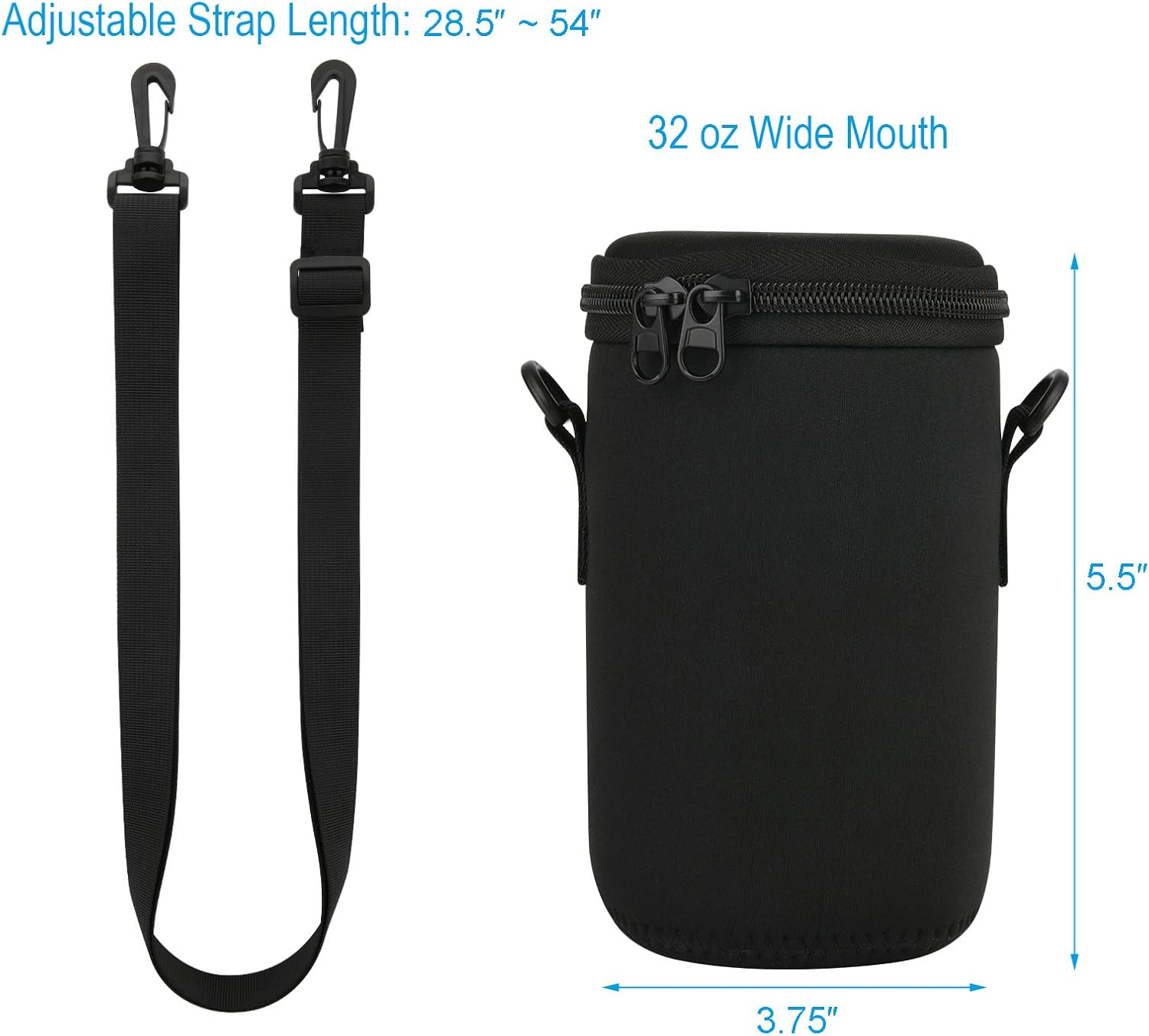 Cosmos Mason Jar Portable Neoprene Insulated Bag Mason Jar Insulated Holder Pouch, Glass Bottle Sleeve Cover with Adjustable Strap and Double Zippers, Fits 32 Oz Regular & Wide Mouth Jar (Black)