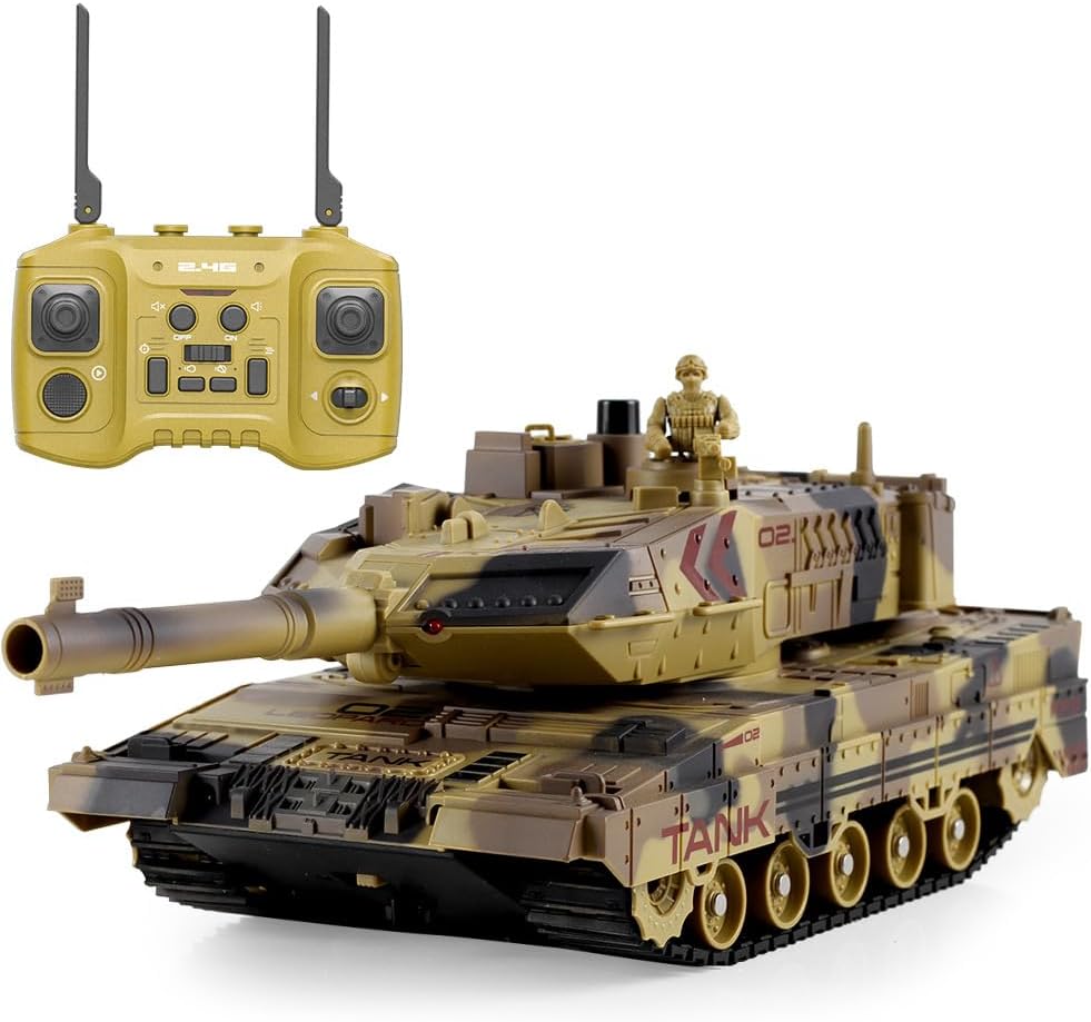 Remote Control Tank, Desert Camouflage RC Army Vehicle with 2.4GHz Controller, Mist Spray and Shooting Battle Armored Toy for Indoor Outdoor Games (Yellow)