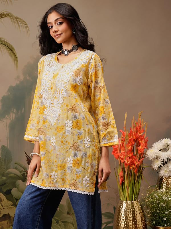 Image of Ada Hand Embroidered Lucknowi Chikankari Cotton Top for Women A911454 | Lucknowi Short Kurta Kurti Tunic Casual Wear Ethnic Wear Chikan Work Straight handcrafted top Kurti for Office
