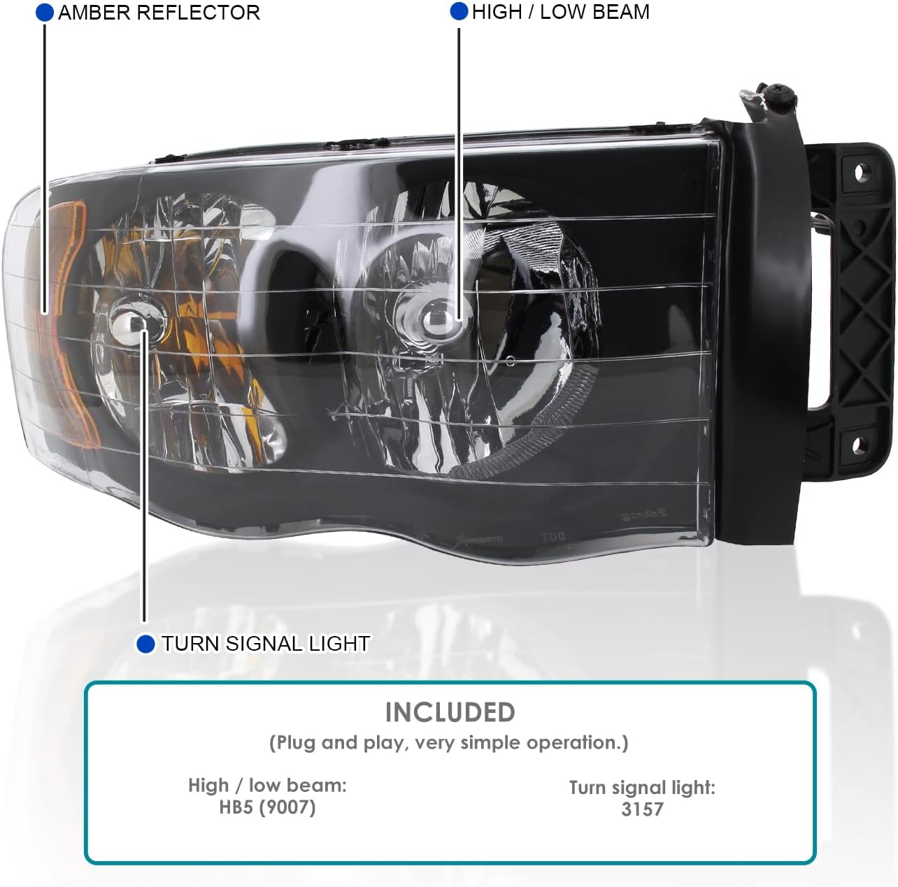 SPEC-D TUNING Black Headlights Compatible with Dodge Ram 1500 2500 3500 2002-2005 L+R Pair Head Light Lamp Assembly