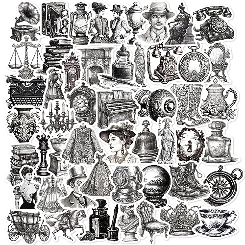 Black and White Retro Stickers for Laptop (50 PCS),Gift for Children Teens Adults Girl Boys,Waterproof Stickers for Water Bottle,Retro Vinyl Stickers for Scrapbook,Skateboard,Bike,Phone,Dairy