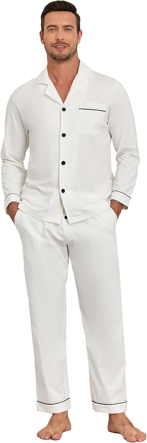 COLORFULLEAF Mens Pajamas Set 100% Cotton Long Sleeve Sleepwear Pajamas for Men Notched Collar Loungewear Pjs with Pockets