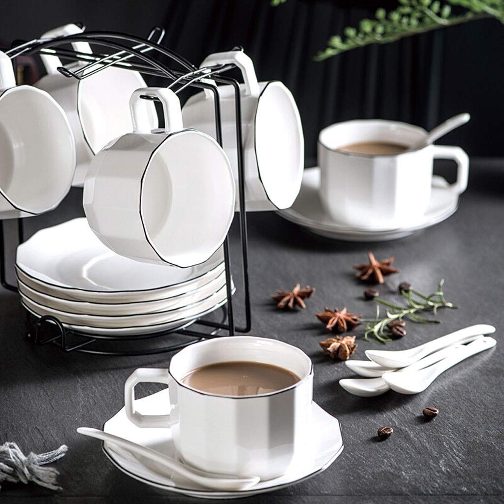 Set di Tazze Classiche Serie di Set da tè e caffè in Ceramica, 6 Tazze e piattini, cucchiaino e Supporto per caffè, Adatto per caffè, Tazze da tè e Salse per Il tè pomeri，