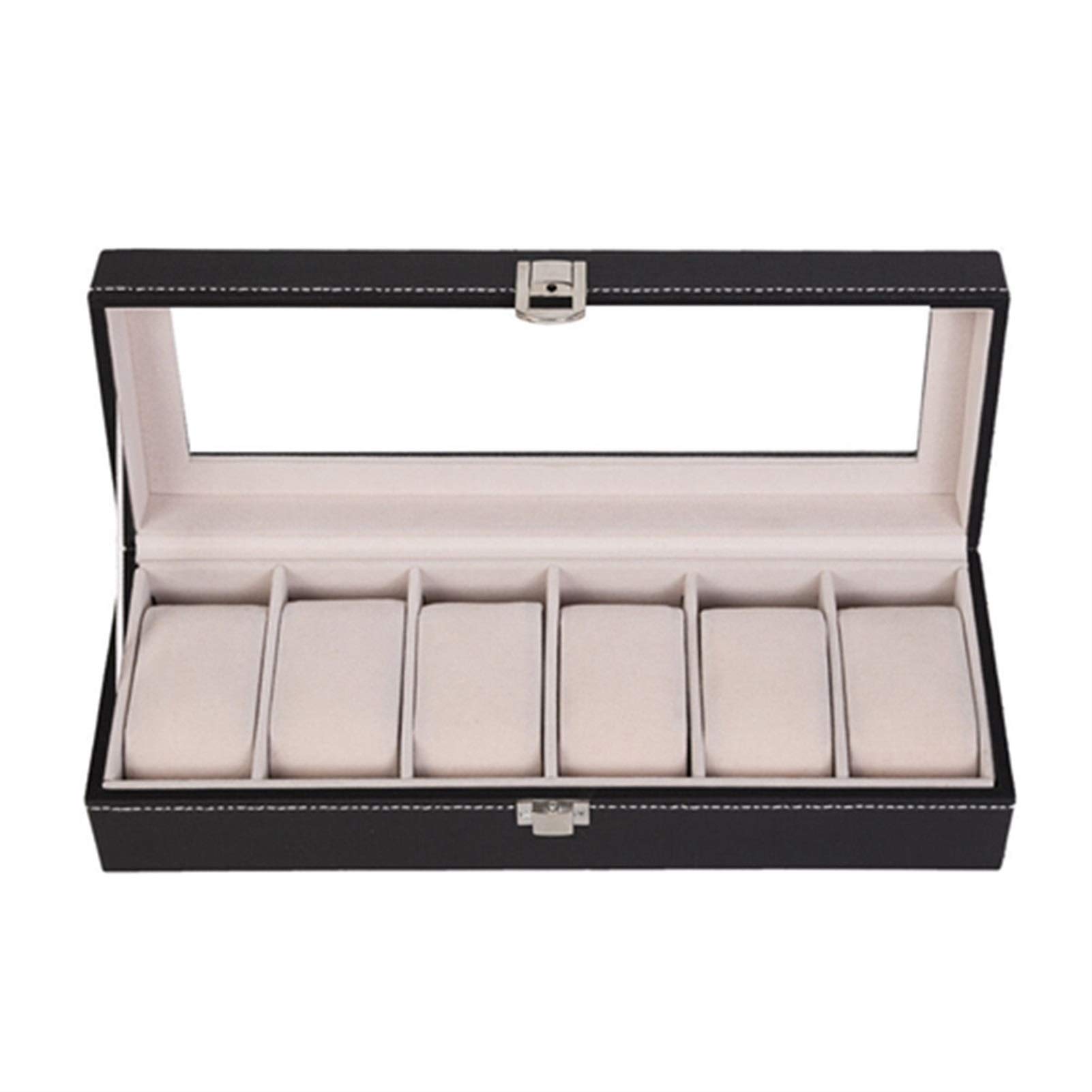 Uhrenbox, Schwarze Uhrenaufbewahrungsbox aus PU-Leder, Organizer-Box mit Glasdeckel, Uhrenbox mit 6 Fächern, Vitrine, Schmuckaufbewahrung, Uhren-Organizer zur Aufbewahrung und Präsentation