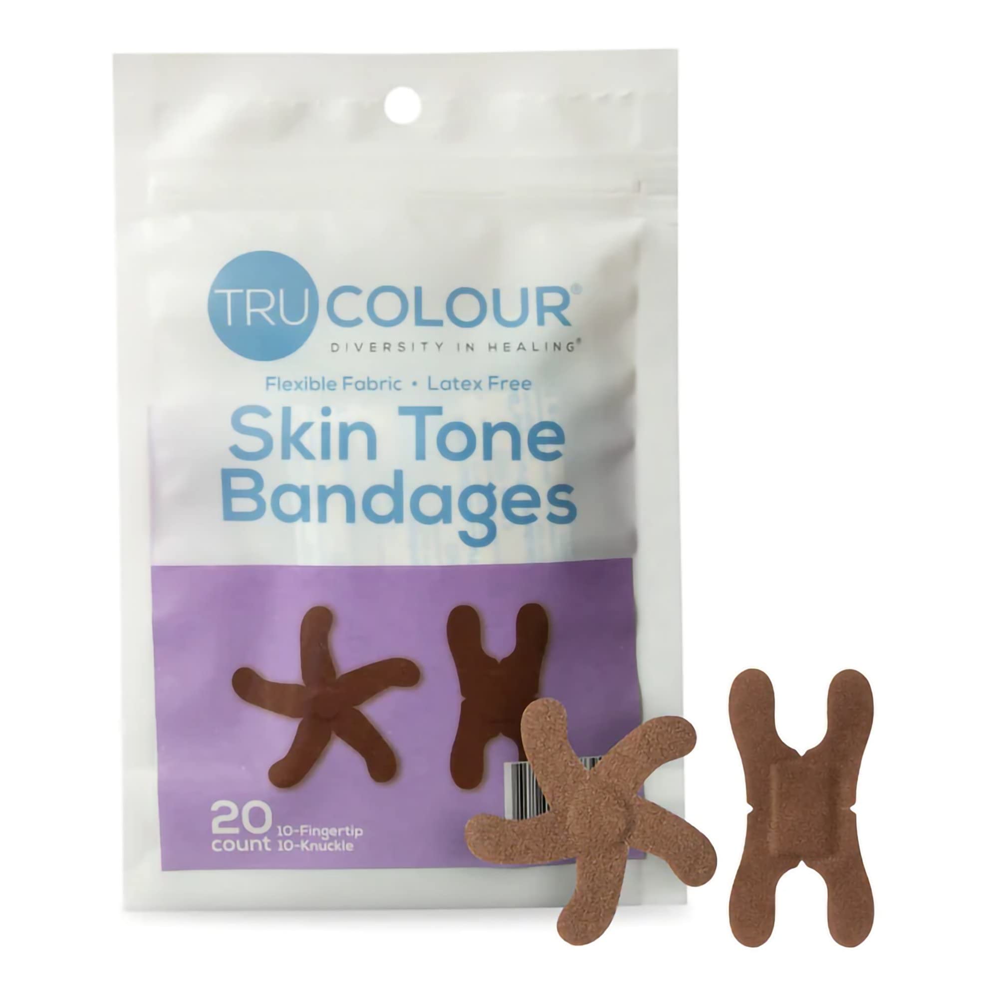 Tru-Colour Skin Tone Knuckle and Fingertip Bandages (20 Count) - Flexible, Waterproof, PFAS-Free Adhesive Strips Help Protect Cuts, Scrapes, Scratches - Dark Brown