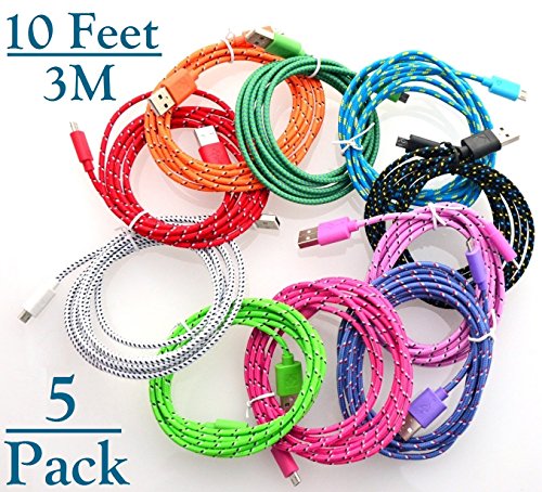 Josi Minea Fabric Braided Nylon Ruggedized USB Rainbow Cables for Samsung Galaxy S4/S3/S2, Galaxy Note/ Note 2, Galaxy Tab, Google Nexus 7/ 10, Nokia Lumia, Android, Windows Phone - 10ft (5 Pack)