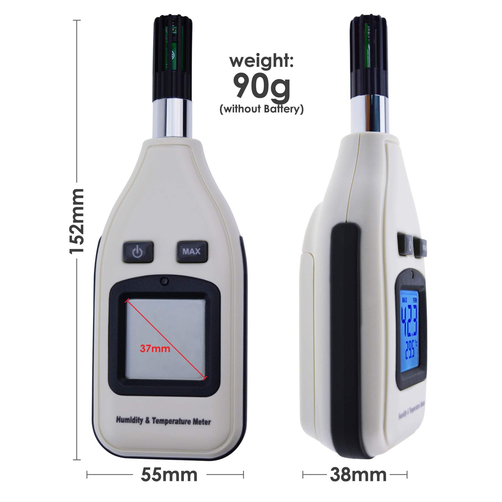 Misuratore di umidità e temperatura digitale palmare 0~100% RH / -30~70 ° C (-22~158 ° F) Display LCD Retroilluminazione Umidità Termometro igrometro Termometro Piccolo misuratore