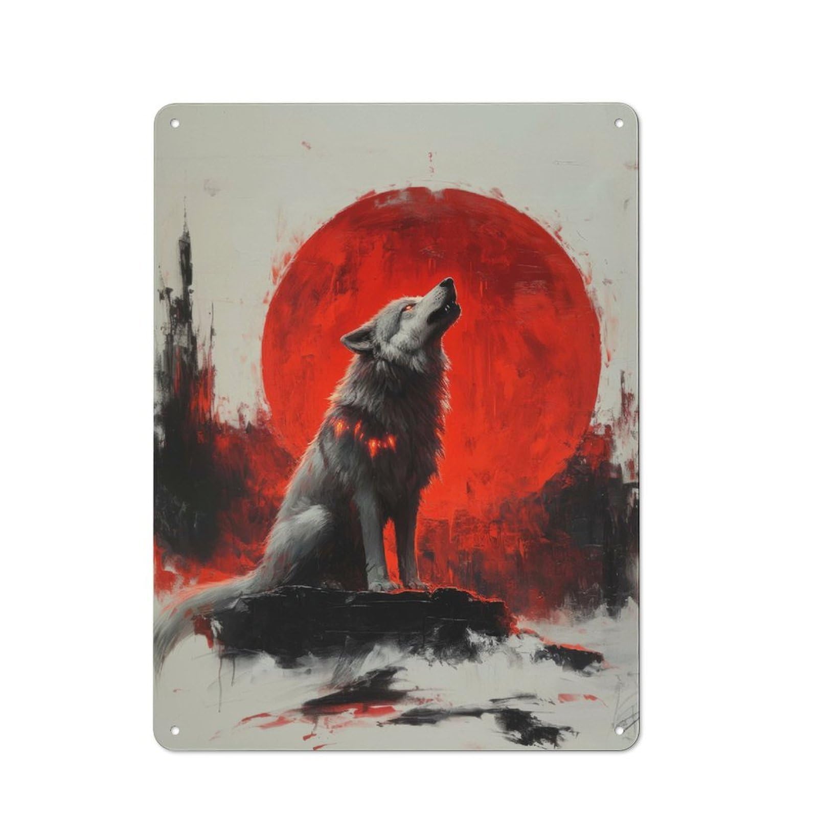 Junmoney Wolf Howling At Red Moon Metal Wall Sign 40X30cm Featuring For Café Or Restaurant, For An Autumn Wall Display In Café And Restaurant