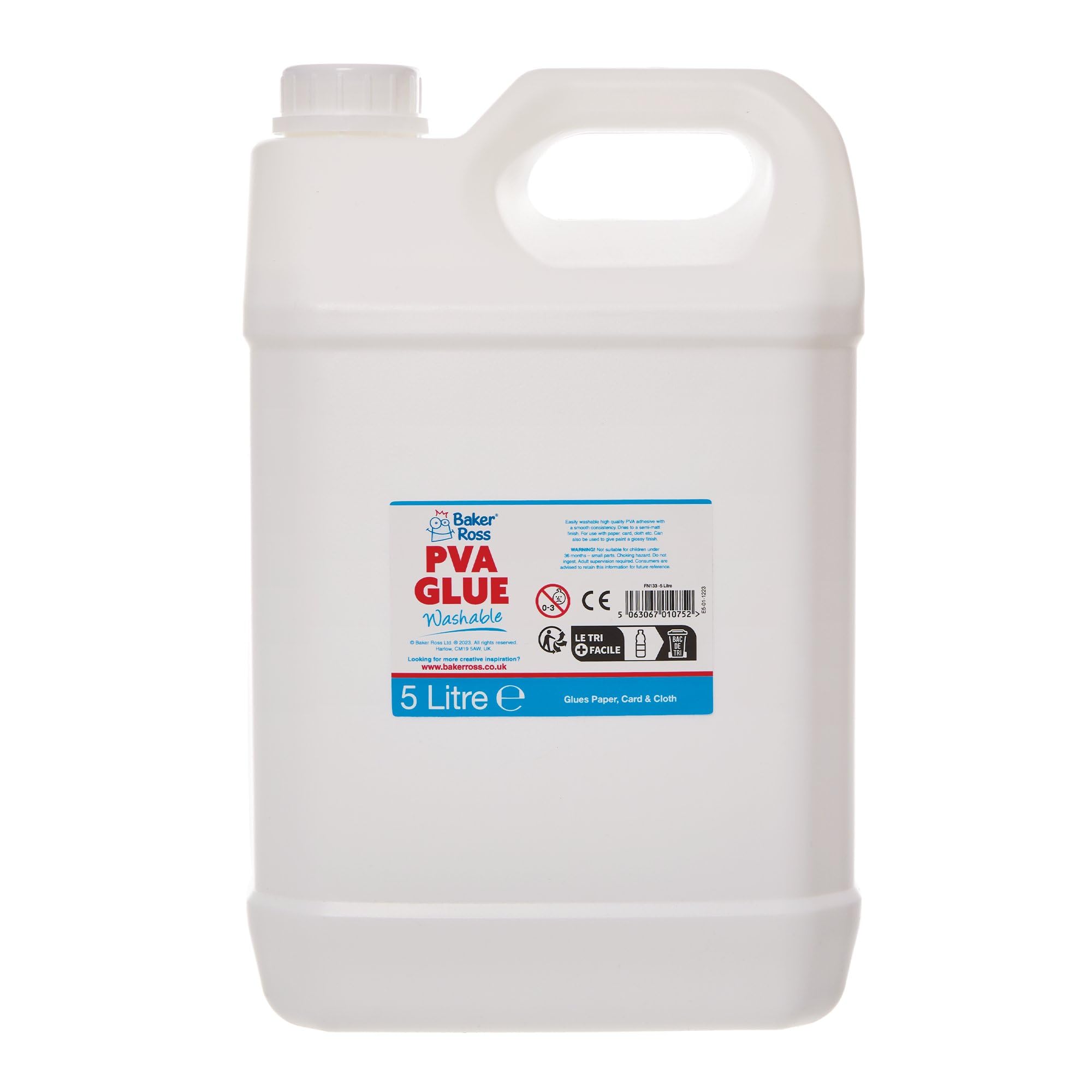 Baker Ross FN133 Washable PVA Glue - 5 Litre Pack of 1, PVA for Schools, Teaching Supplies, Multipurpose Glue for Wood, Paper Card