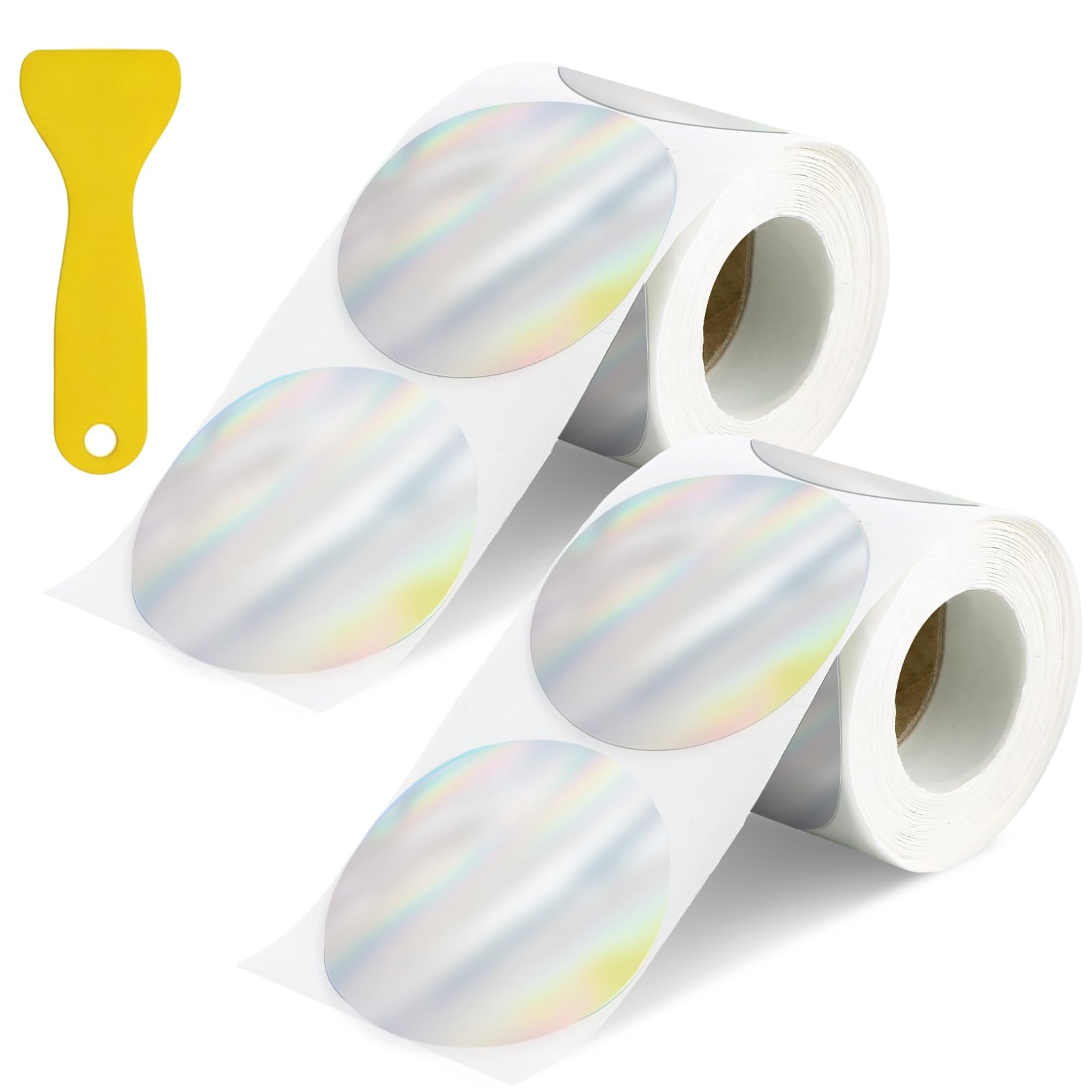 WeeGoo 2 Roll 800 Labels Holographic Thermal Stickers, 50mm x 50mm Self Adhesive Direct Thermal Labels with Small Scraper, Round Laser Holographic Stickers Roll for Name Tag DIY Logo Design