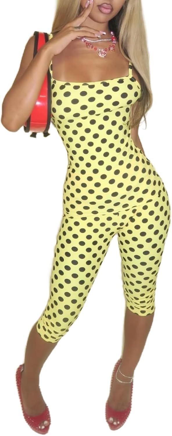 Women's Polka Dot Print Jumpsuit Sexy Sleeveless Square Neck Capri Pants Romper Casual Club Party Outfit Vacation