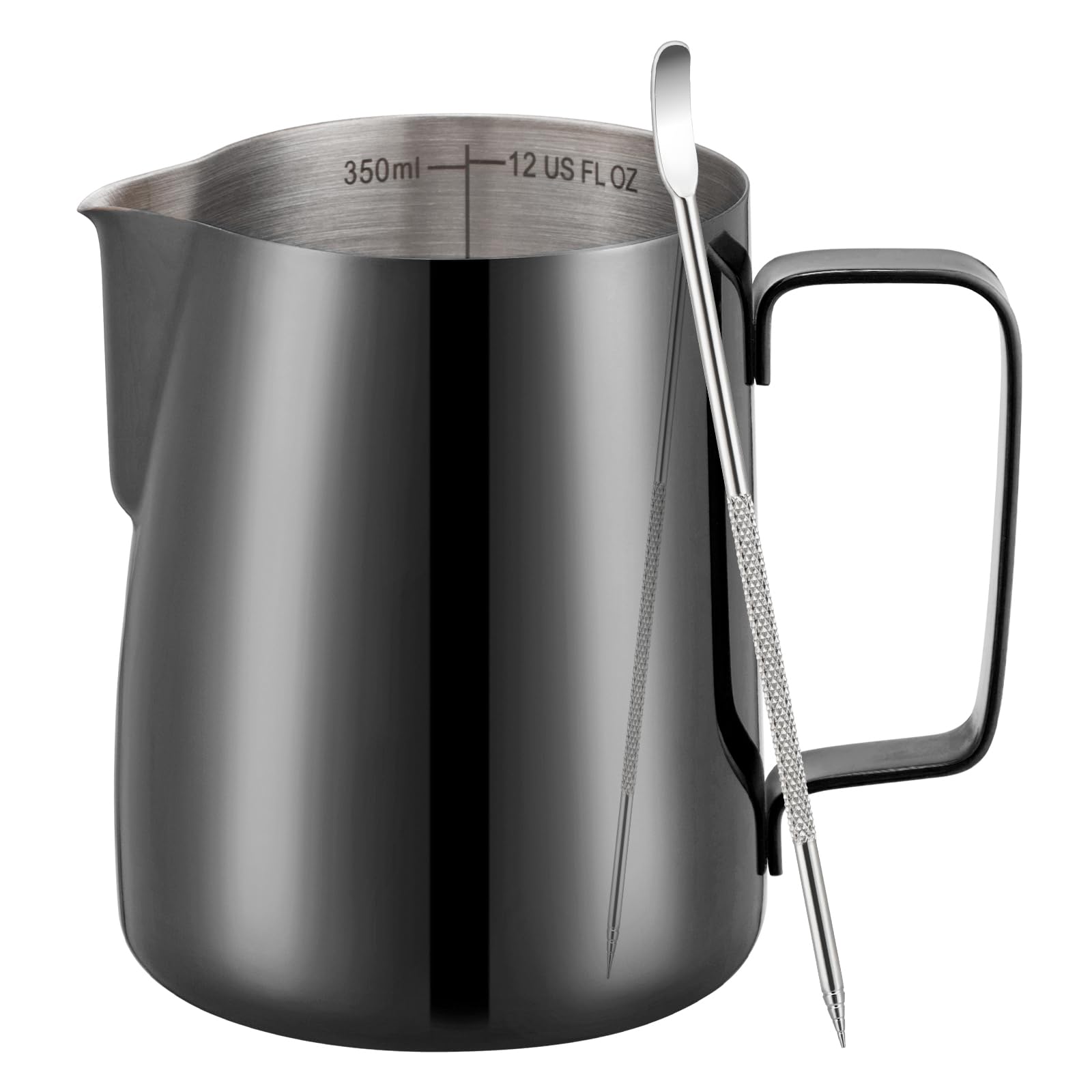 Amrules Milk Frothing Pitcher 12oz Frother Cup Barista Tools, Bright Black