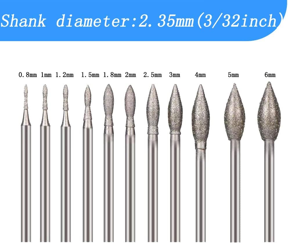 11 Pcs Olive Shape Diamond Burr - 3/32 Inch Shank Diamond Mounted Grinding Bits Stone Carving Sets for Rotary Tool includes Dremel