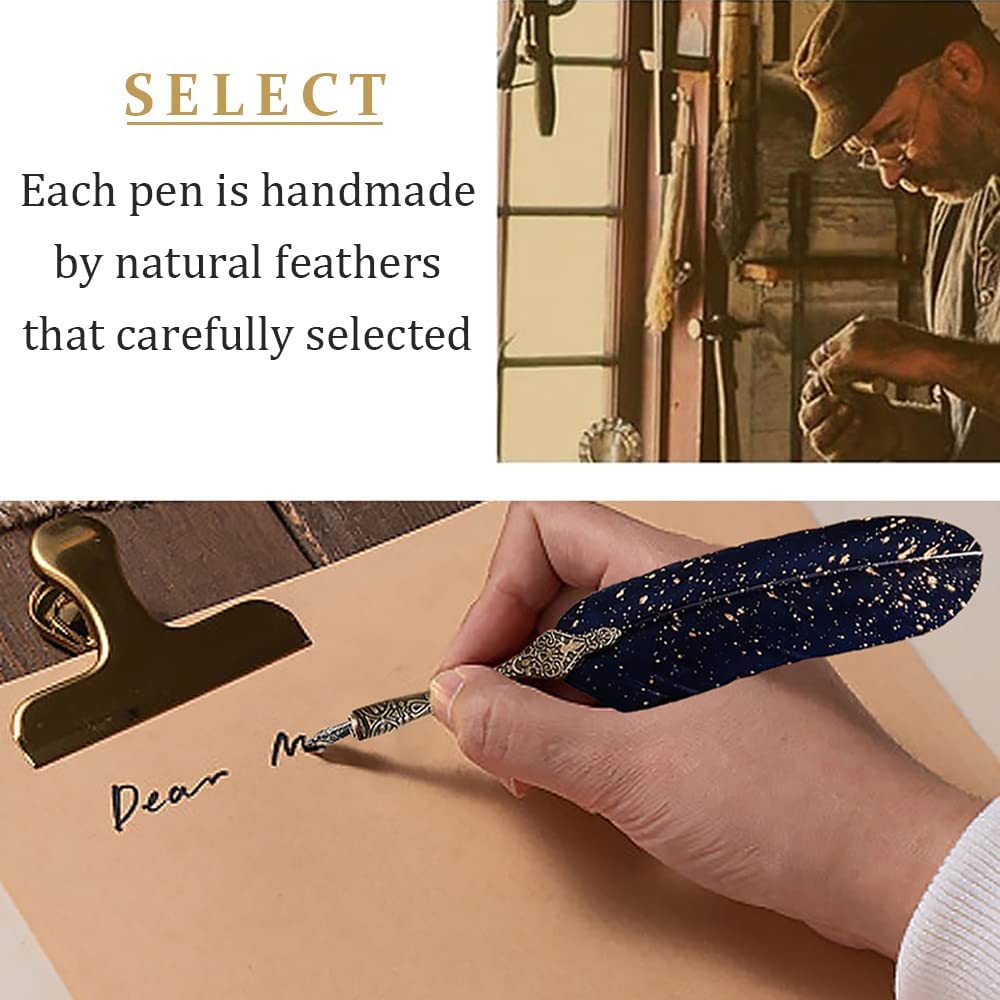 WOLBLIX Feather Pen and Ink Set, Mechanic Style Quill Calligraphy Pen with Ink, 2 Replacement Nibs and Pen Holder, Vintage Signature Fountain Pen Dip Pen Gift Set (Blue)