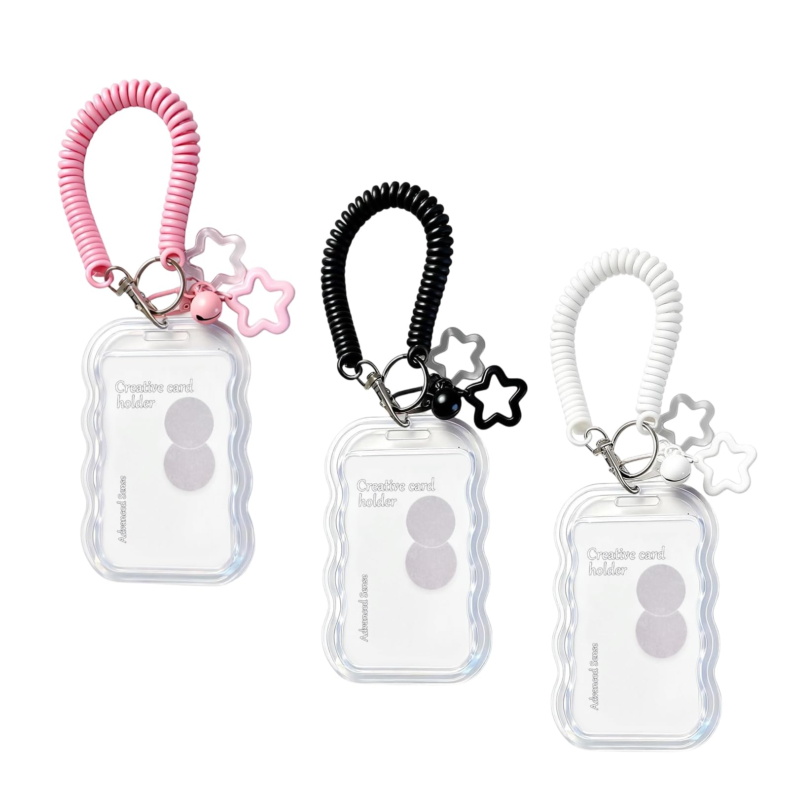 Luckwaii Photocard Holder Keychain 3 Pcs Acrylic Silicone ID Card Holder with Retractable Spring Lanyard Star Bell Charm for Bus Pass Office Travel School Students Photo Protector (Black+White+Pink)