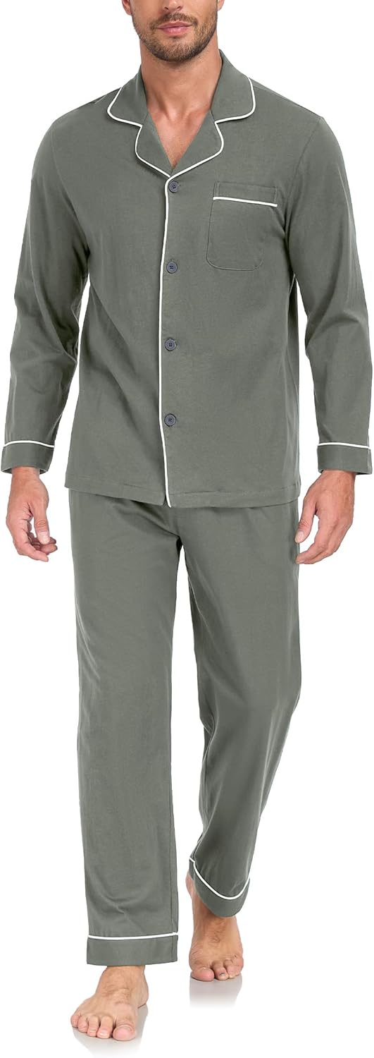 EA'S SECRET Men's Cotton Pajamas Set Button Down Pjs Set for Men Long Sleeve Knit Sleepwear Loungewear with Pockets