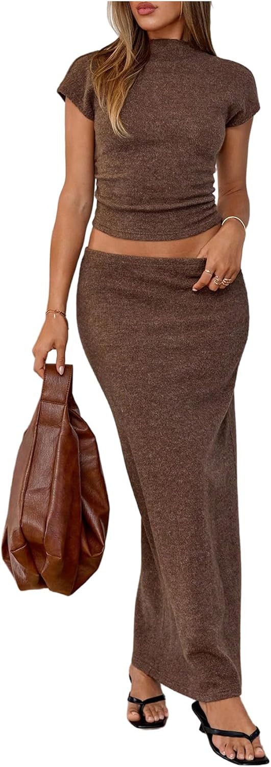 GORGLITTER Women's 2 Piece Skirt Set Y2k Cap Sleeve Mock Neck Sweater and Low Rise Bodycon Maxi Skirts