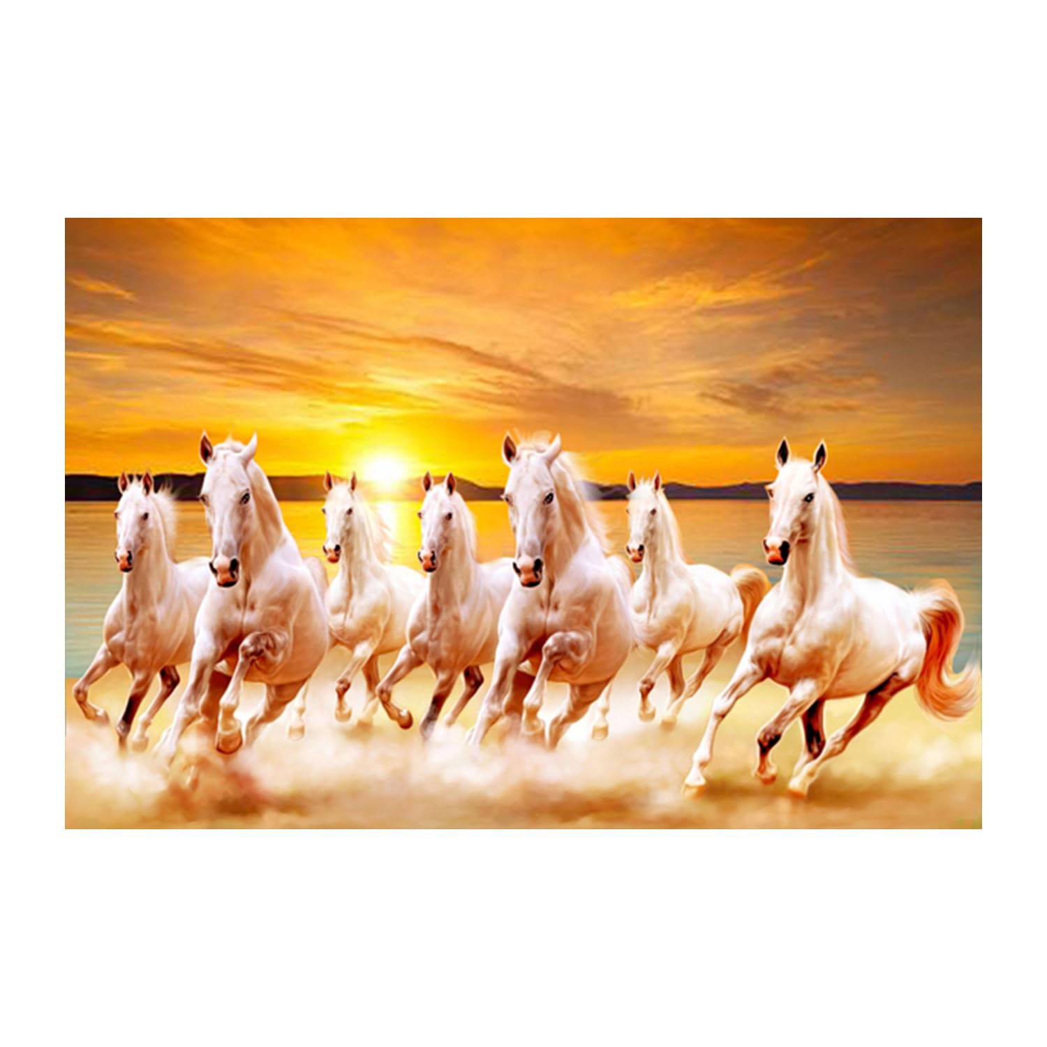 Dharvika Innovations Seven Running Horses Vastu Vinyl Wall Poster, Self Adhesive, Sparkle Lamination, 12 x 18 Inch