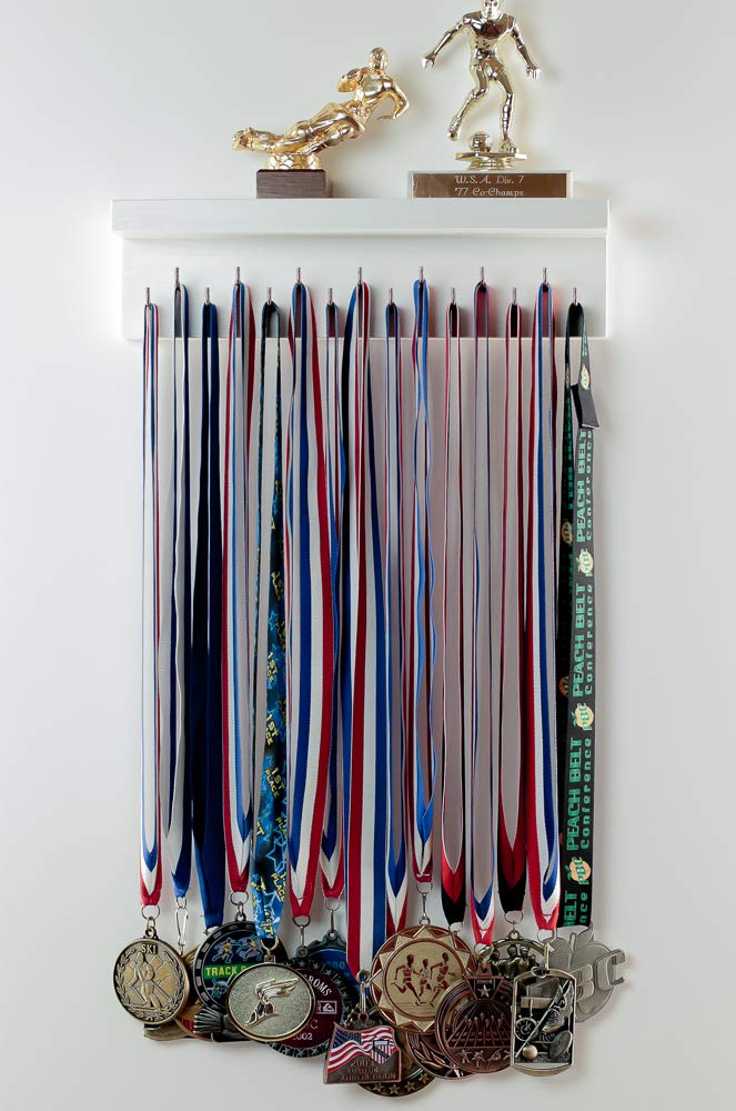 White Wood Trophy Medal Ribbon Display with Shelf Bronze Gold Hooks Wall Holder Rack Hooks Awards Plaques for Sports Running Dancing Gymnastics and More!
