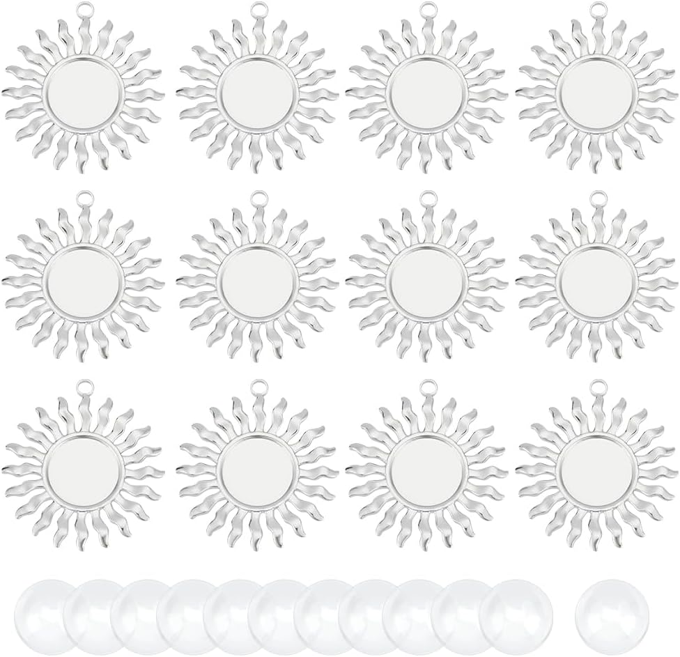UNICRAFTALE 12 Sets DIY Blank Sun Pendant Making Kit 304 Stainless Steel Pendant Cabochon Settings Flat Round Blank Cameo Bezel Tray Charms with Glass Cabochons for Jewelry Making 15mm