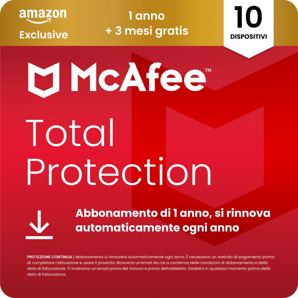 McAfee Total Protection - 10 Dispositiv 2026, 15 mesi, Esclusiva Amazon | Antivirus, VPN gestore delle password, software di sicurezza| Abbonamento con rinnovo automatico, Scarica