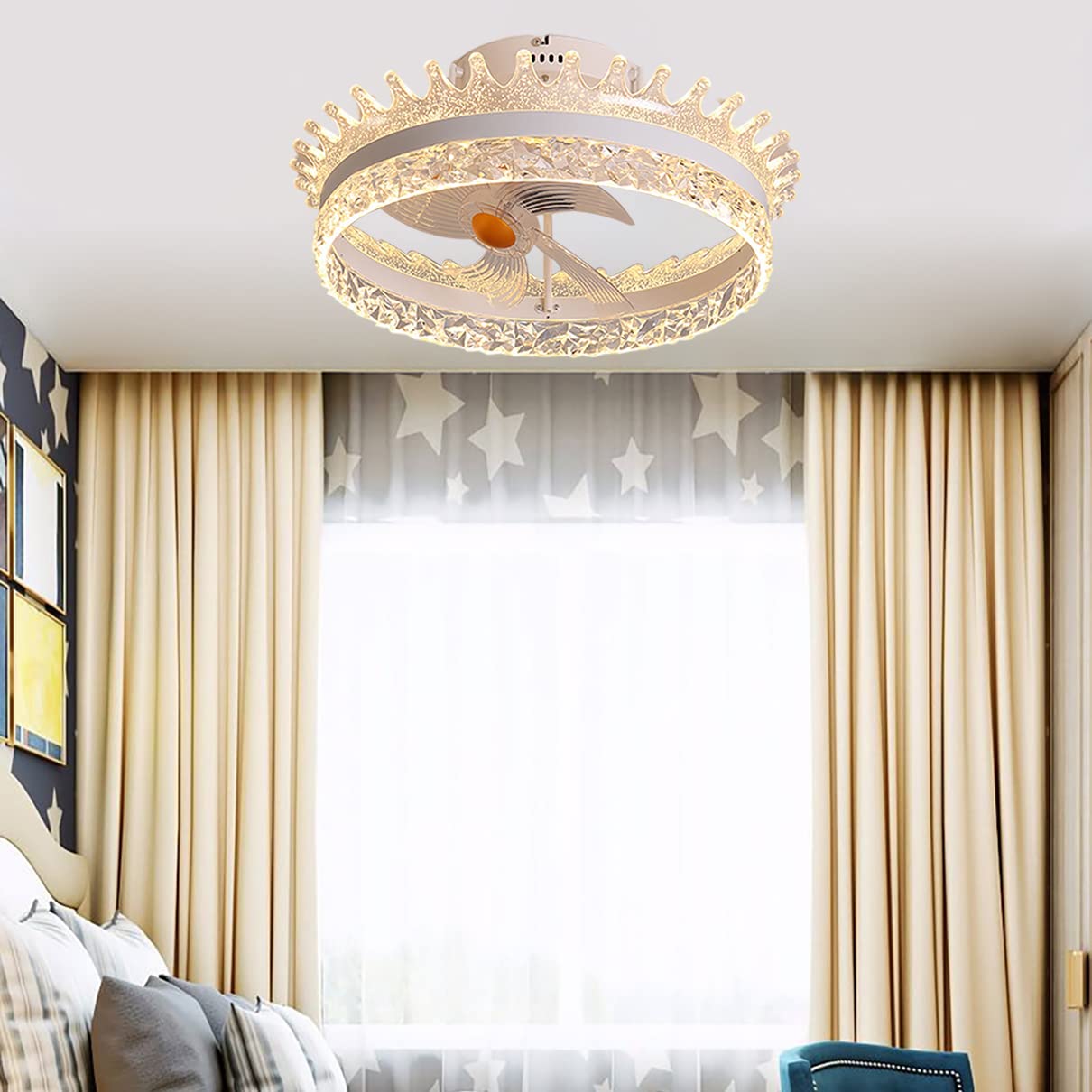 HXYSXHJUO Fan Lights, Crystal with Ceililightiled Ceilifan Lights 360°Shakihead Directional Air Supply Mute Ceilingp for Liviroom Bedroom Diniroom/White