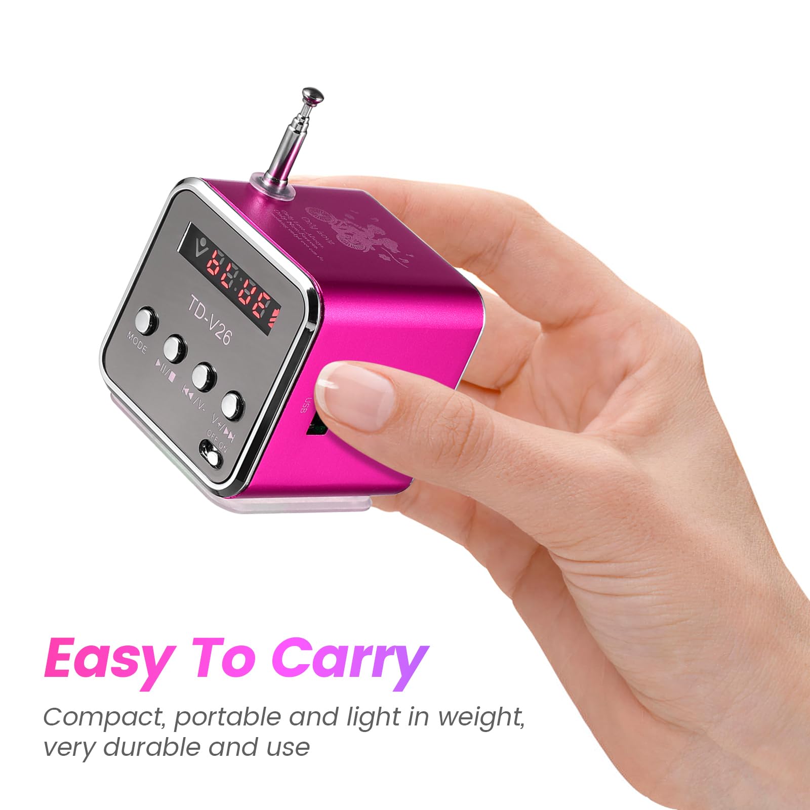 ULTECHNOVO Mini Radio Mit Batterie Td-V26 Mini Drahtloser Musikplayer Stereolautsprecher Mp3 Mp4 Musikplayer für Computer Handy Unterstützung für Micro/U-Disk, Rosig Radiowecker Rosa