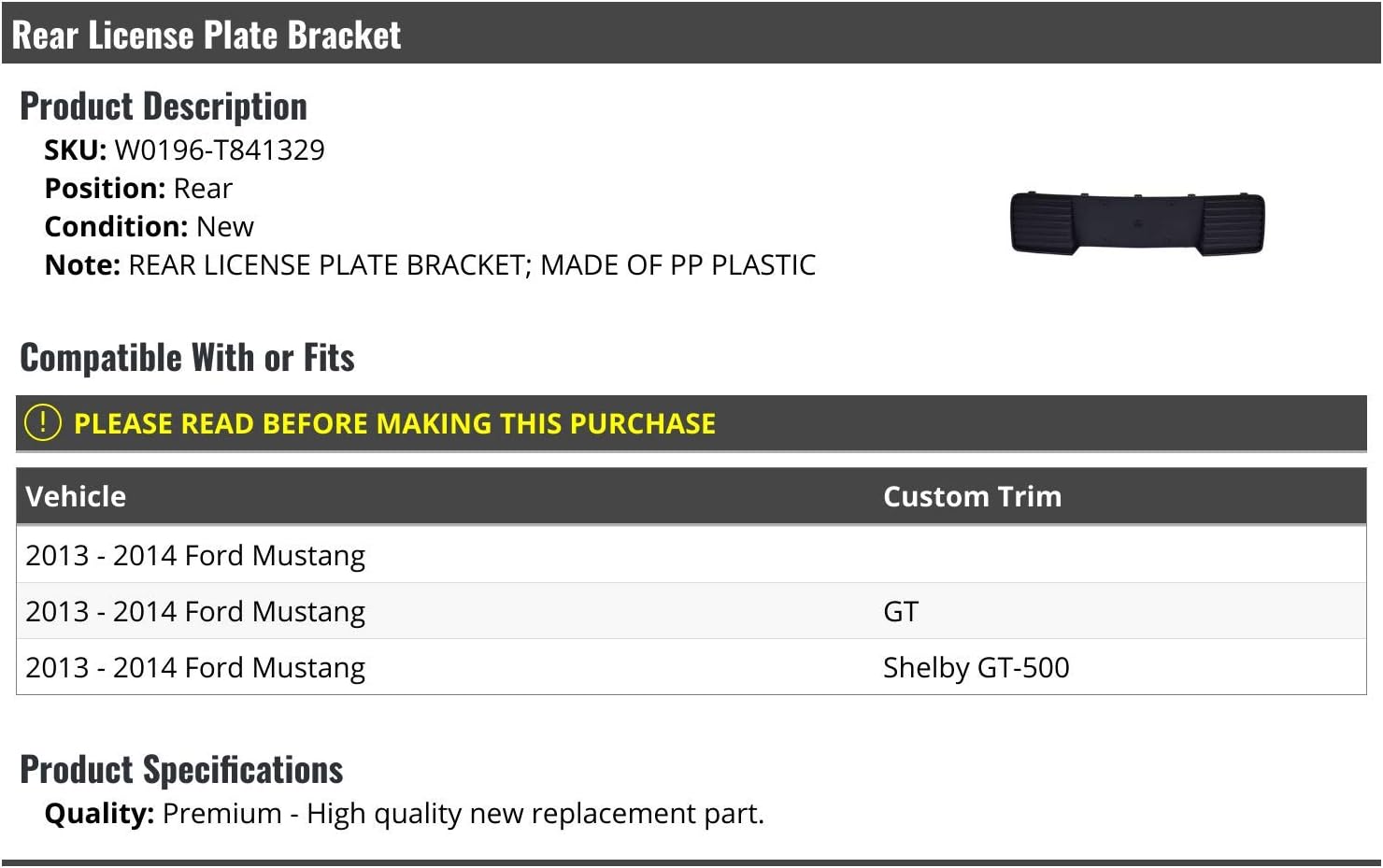 Rear License Plate Bracket - Compatible with 2013-2014 Ford Mustang