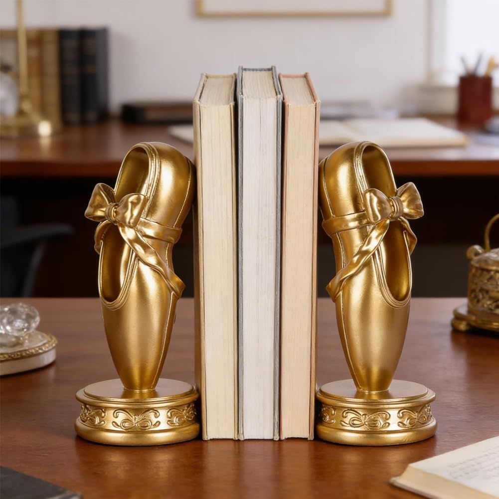 Bookends for Shelves, Gold Ballet Slipper Decorative Bookends- Anti-Slip Pad, Resin Vintage Heavy Book Ends for Shelves, Home Office，Girls Room Decor, for Lovers Dancers