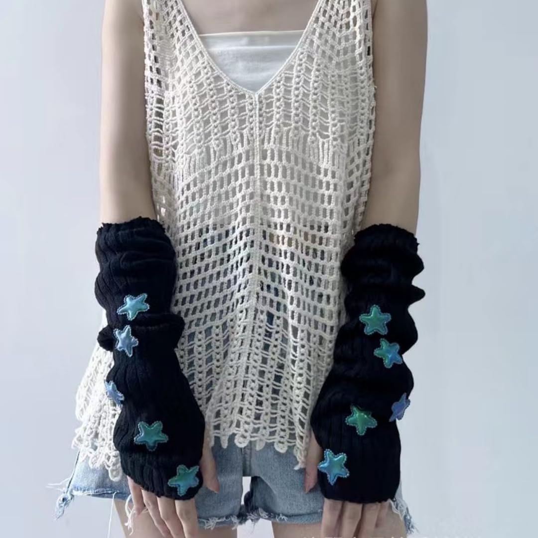 Y2K Women Teens Knitted Arm Warmers Japanese Harajuke Cosplay Star Lolita Cute Fingerless Mittens Thumb Hole Gloves - Image 4