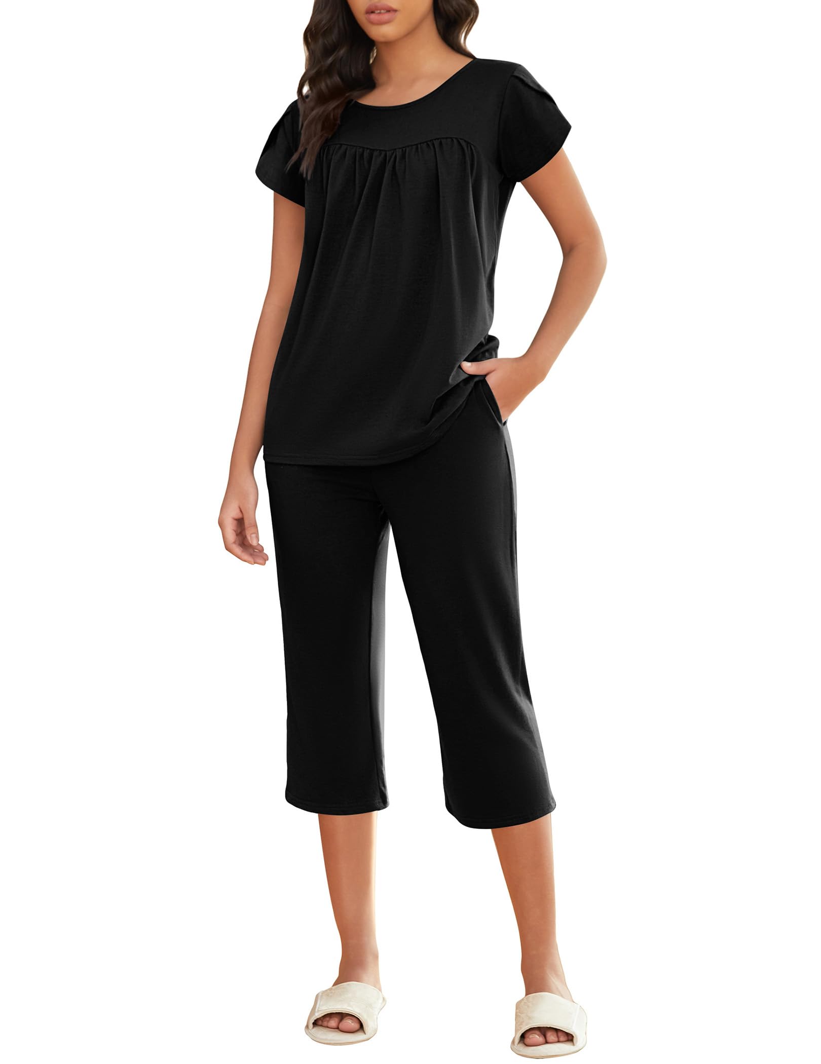 Ekouaer Capri Cotton Pajama Sets Short Sleeve Pleated Top and Pants 2 Piece Pjs Sleepwear with Pockets for Women