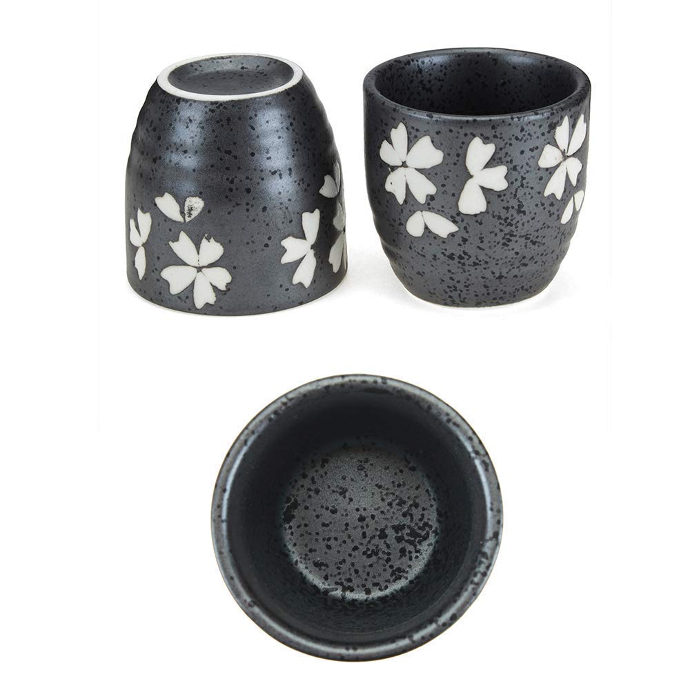 MRKU Service à saké 5 pièces, Ensemble de Tasses à saké japonaises, Tasses en céramique au Design Noir peintes à la Main Traditionnelles, Texture pittoresque, pour thé Shochu Chaud et Froid, Meilleur