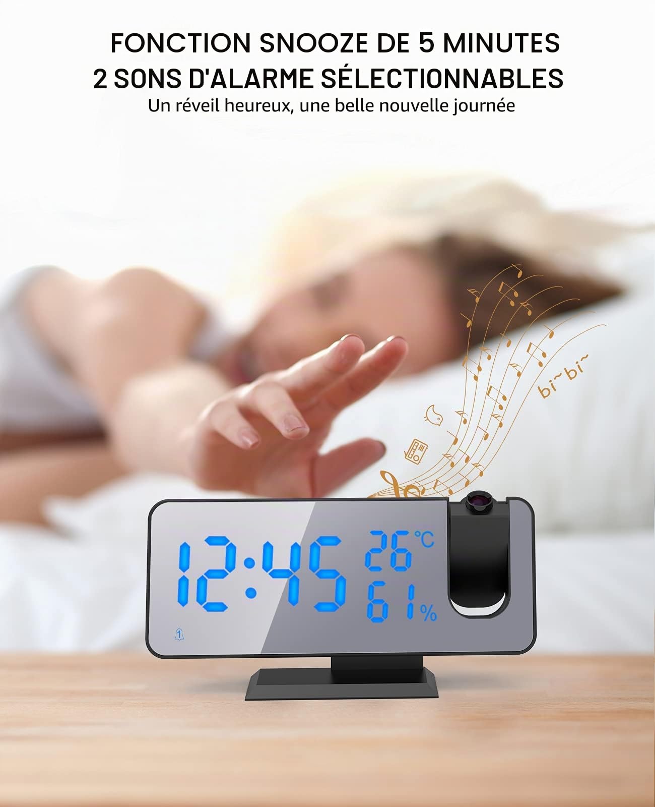 ShinePick Reveil Projecteur Plafond, FM Radio Reveil Projection 180°, Horloge Digitale Numérique avec 7' LED Écran Miroir, Port de USB, Double Alarme, Snooze, 4 Niveaux de Luminosité, 12/24H