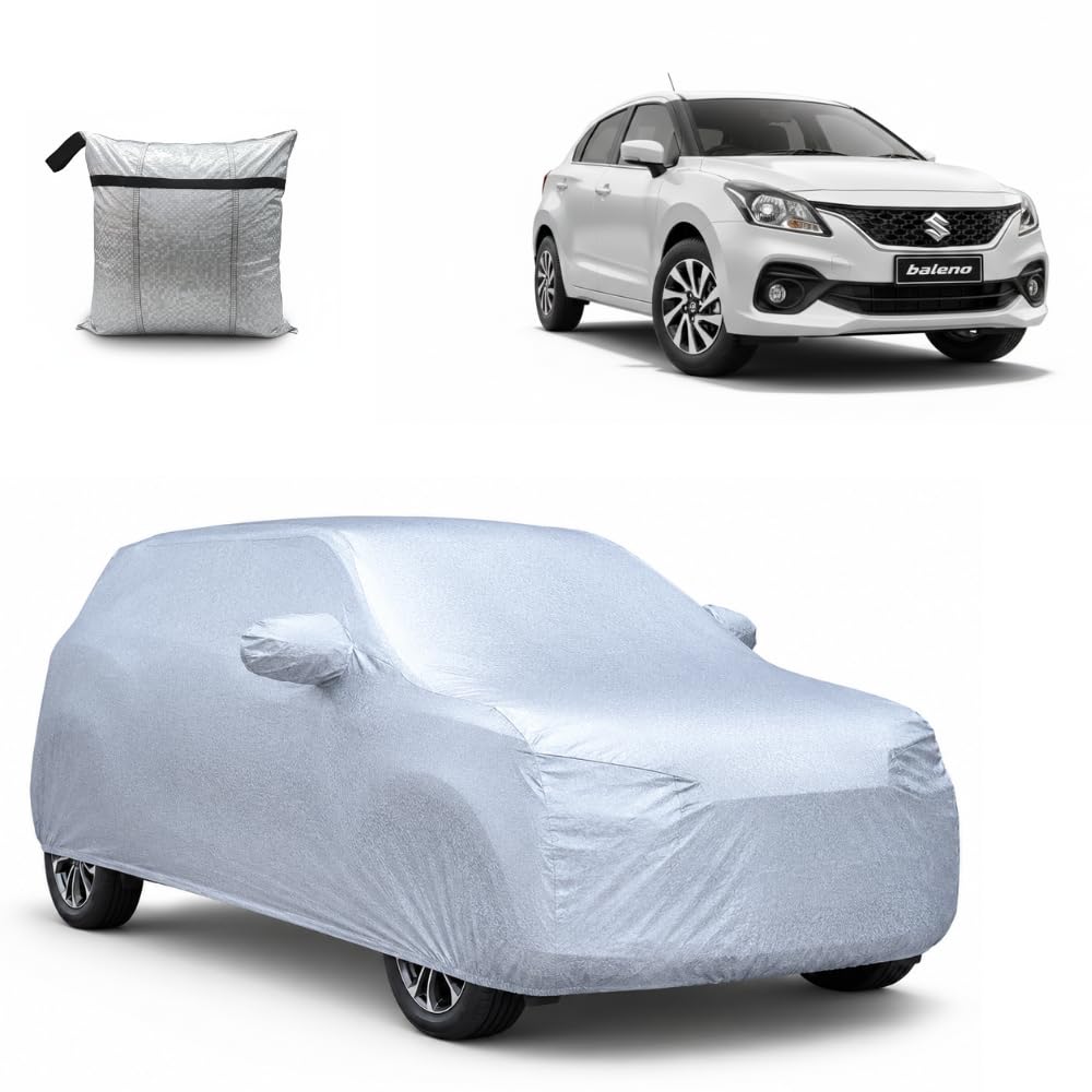 ADDIROXX Titanium Silver Series 100% Waterproof Car Cover Baleno[2015-2026] with Mirror Pockets | UV Protection, Heavy-Duty, All-Weather, Custom Fit, Dust-Proof for Indoor & Outdoor Use.