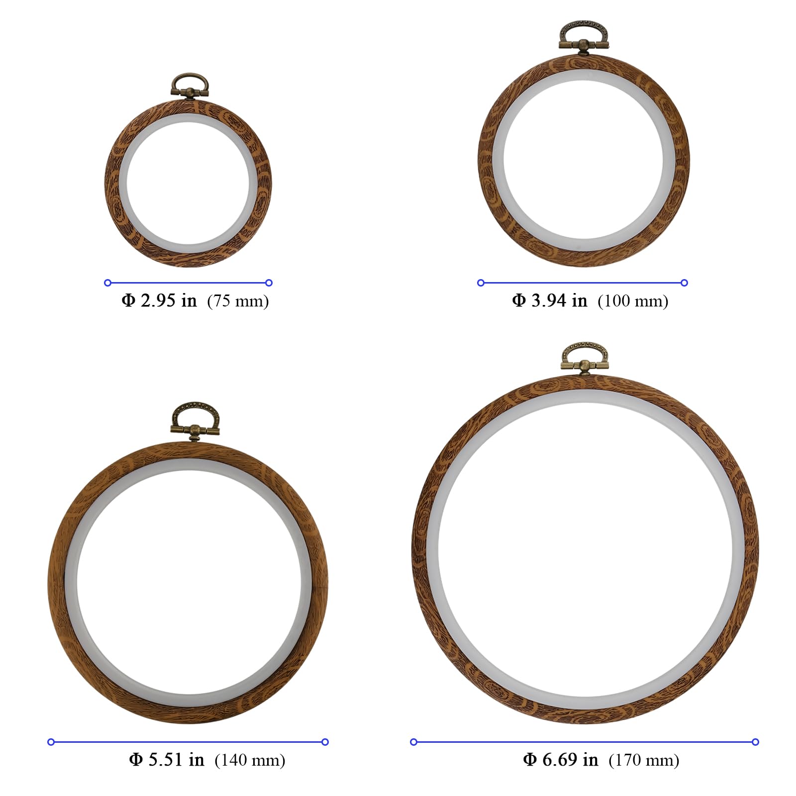 YUENPUN 8 telai ad anello da ricamo, 4 misure, in plastica, per punto croce, rotondi, in finto legno, per fai da te, ricamo, artigianato, cucito, 7,5/10/14/17 cm