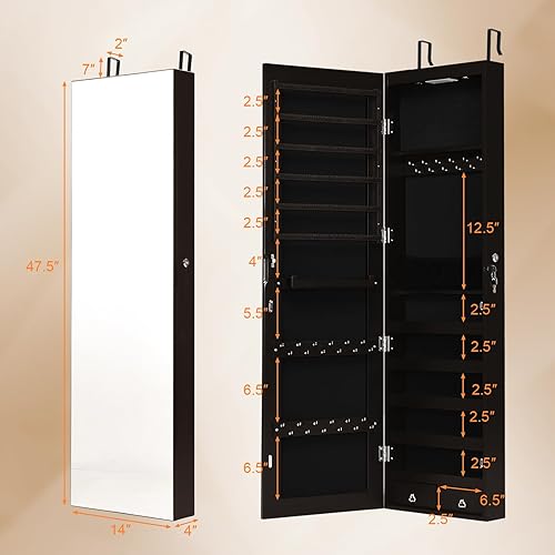 Miniatura 8 de NAFORT Armario de joyería con espejo de longitud completa 2 LED 475 pulgadas de alto armario organizador de joyas con cerradura montado en la