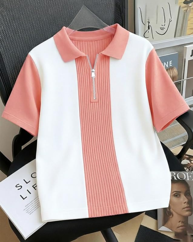 Image of AUSK Men's Textured Vertical Striped Knit Polo T-Shirt | Half Sleeve Zipper Neck Self-Design Casual Tee | Mens Tshirts