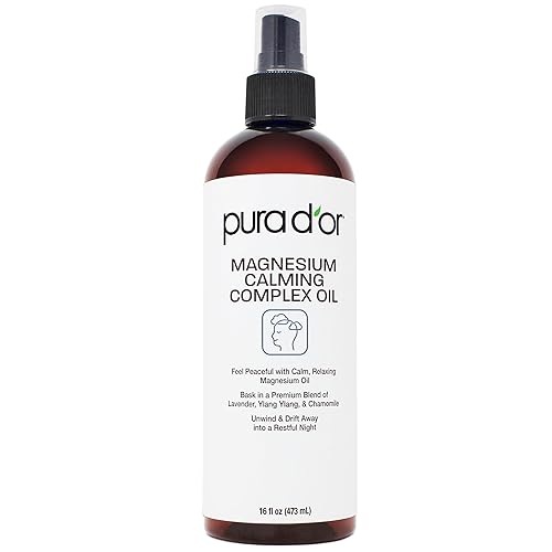PURA D'OR Spray a base de agua de aceite de magnesio de 16 onzas, mezcla tópica calmante con lavanda, ylang ylang, manzanilla, fórmula de absorción