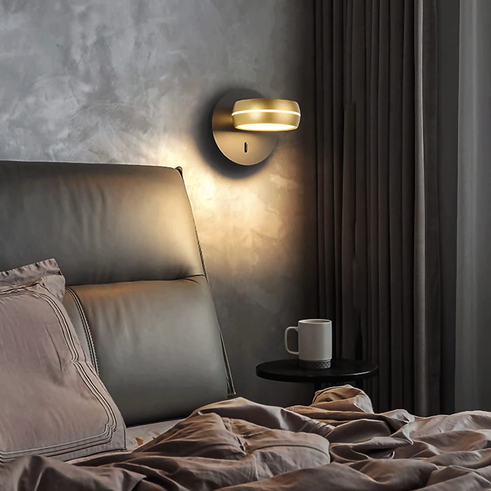 Lampa ścienna do pomieszczeń, obrotowa o 350°, z przełącznikiem, 6 W, LED, do salonu, sypialni, korytarza, schodów, czarno-złota.