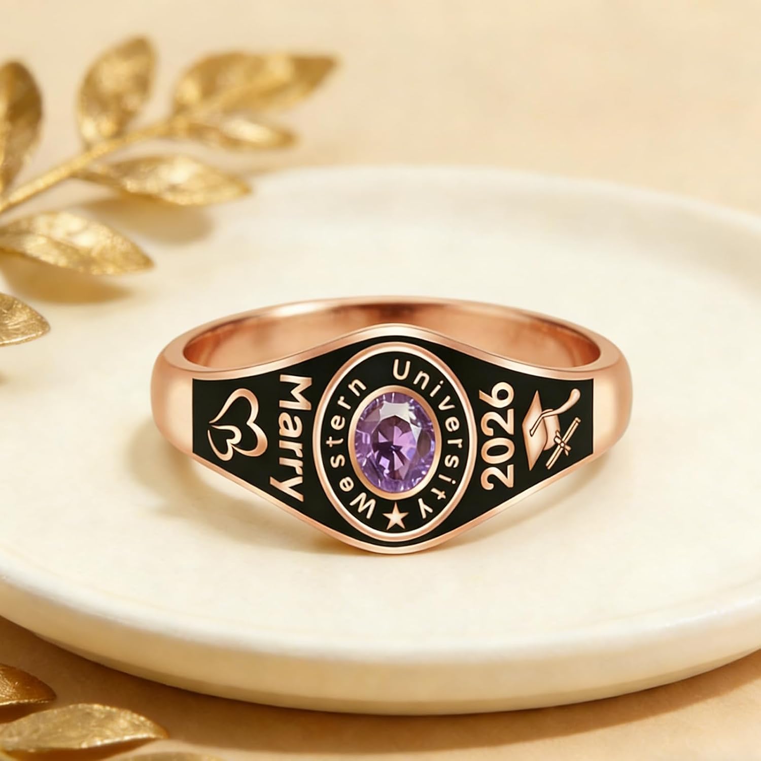 Personalized High School Oval Class Ring 2026 2027 Solid 10k/14k/18k Gold Custom Birthstone Engraved College Name University Graduation Ring For Women