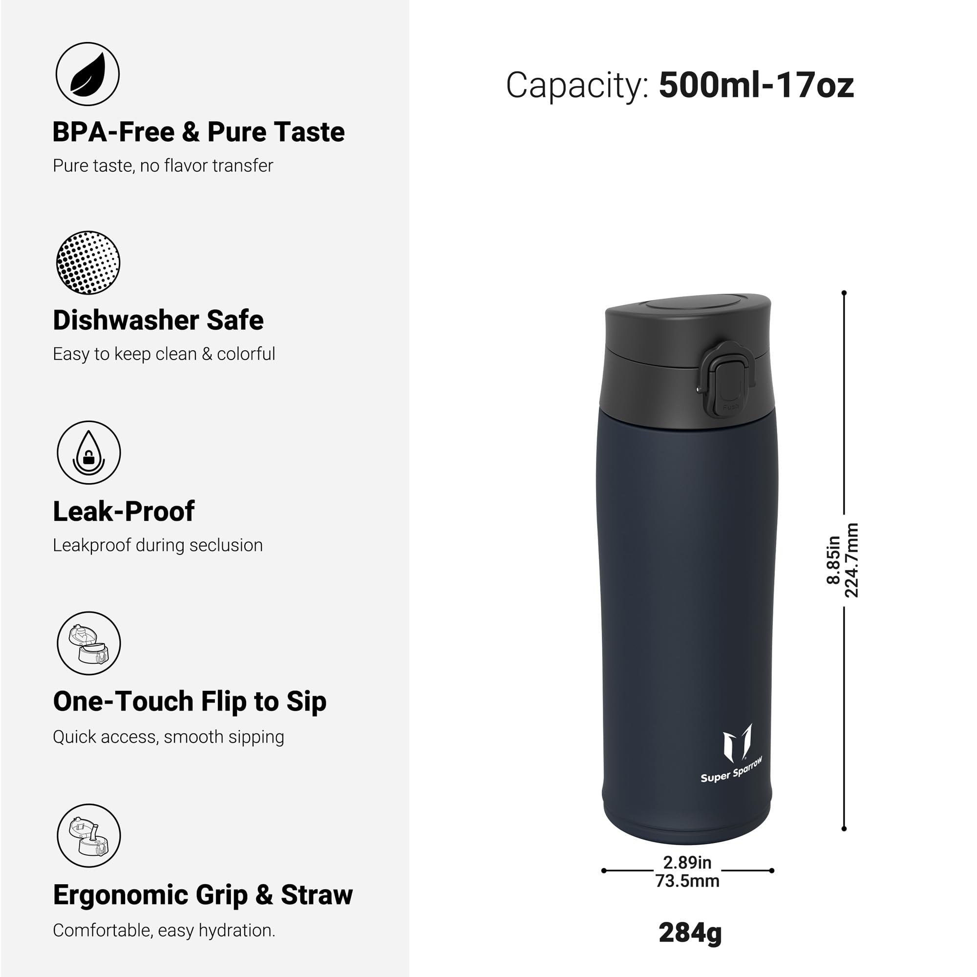 Super Sparrow Insulated Water Bottle, Travel Mug, 500ml, Stainless Steel Water Bottles, BPA Free, Leakproof Metal Bottles - Image 3