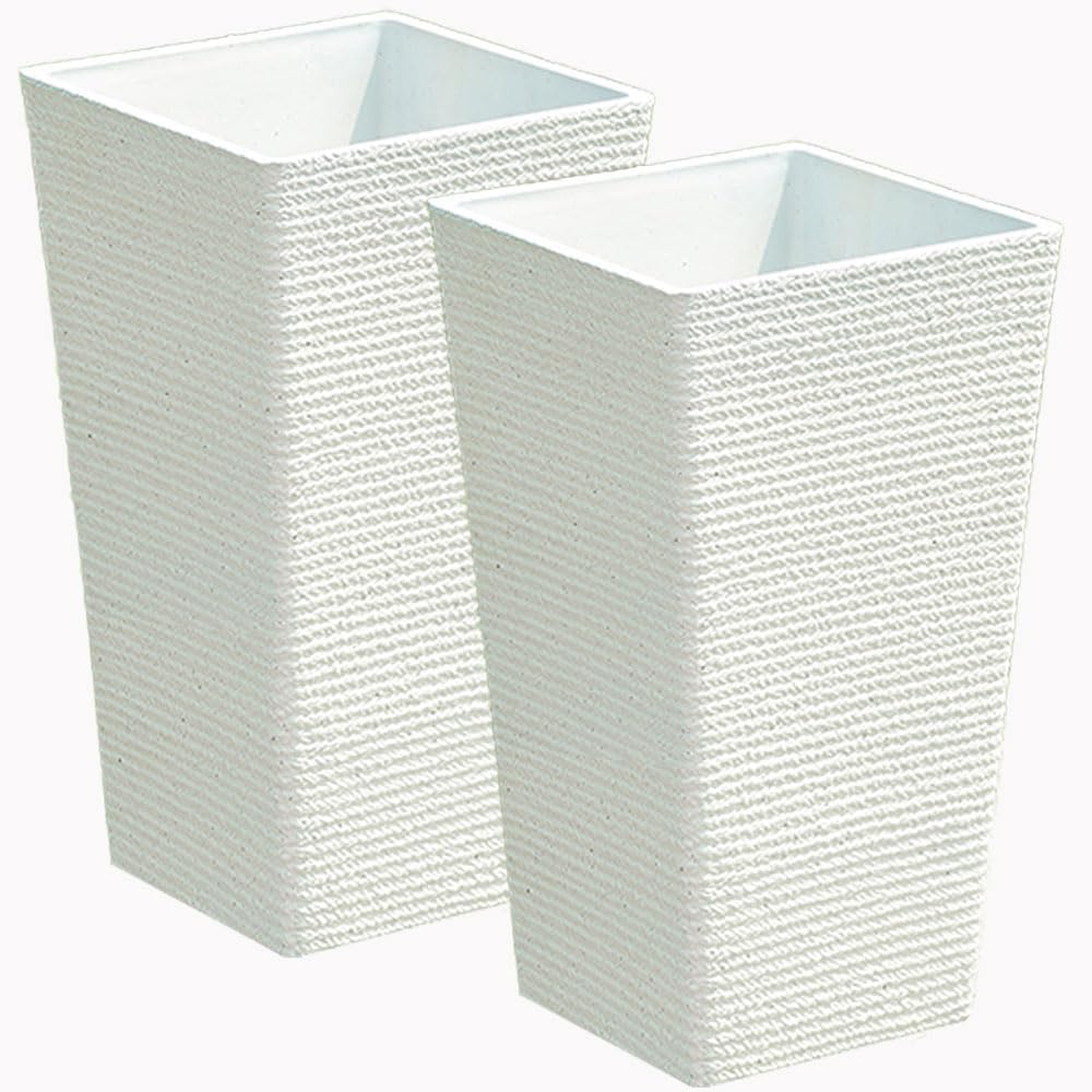 2 Sets Large Tall Planter for Outdoor or Indoor,Resin,Stone Finish,21" H*12" W, Flower Pots Tapered Planters Box for Porch, Patio,Garden,Front Door Decor(White)
