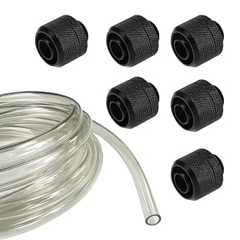 Dracaena Water Cooling Combo - 6x G1/4" Thread to 3/8" ID, 1/2" OD Compression Fittings, Black + 4 meter/ 157.5 inch Soft Tube, Transparent