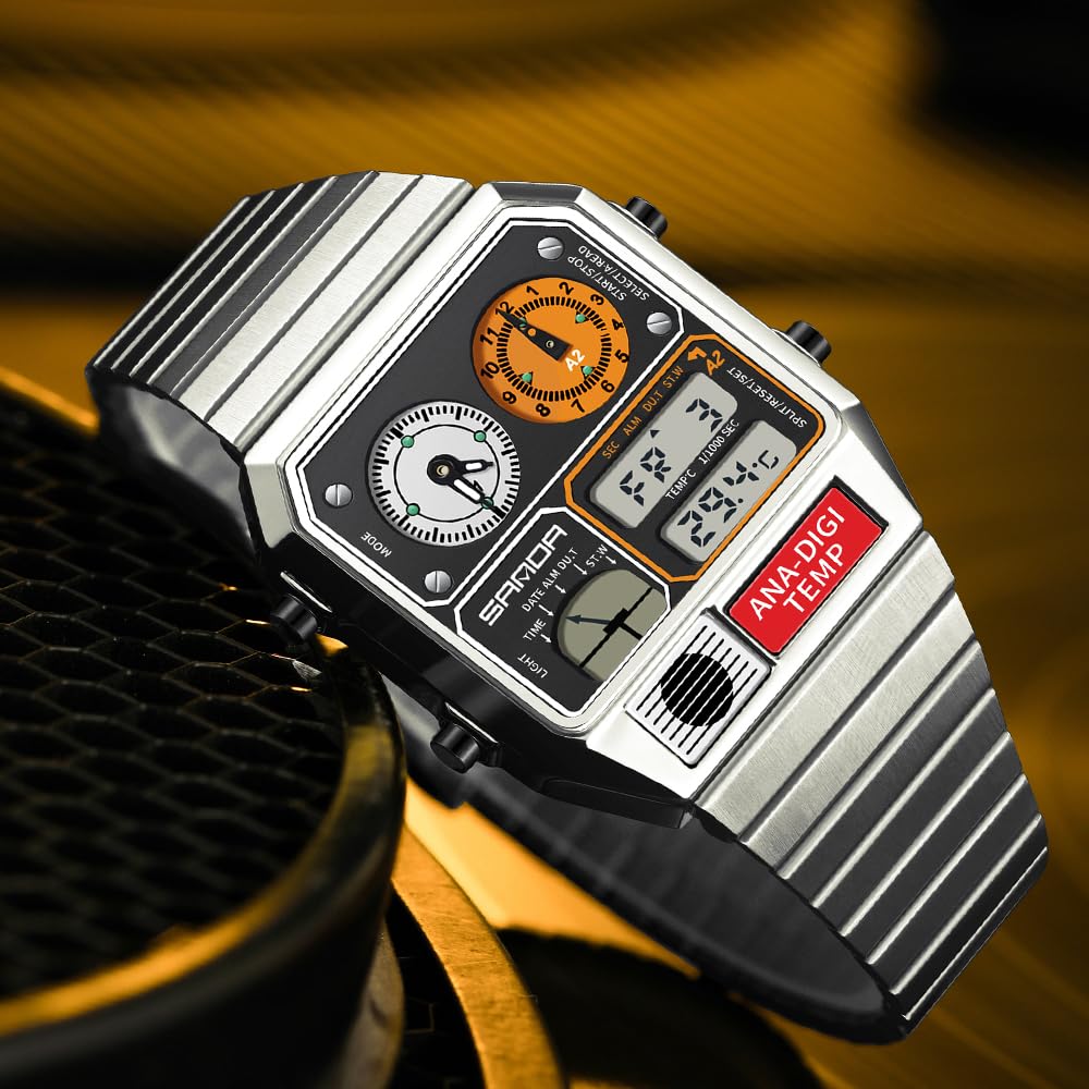 MASTOP Orologio analogico digitale quadrato retrò con display della temperatura, 3 fusi orari, retroilluminazione, impermeabile fino a 50 m, sveglia e cronometro settimana/data, Argento e bianco