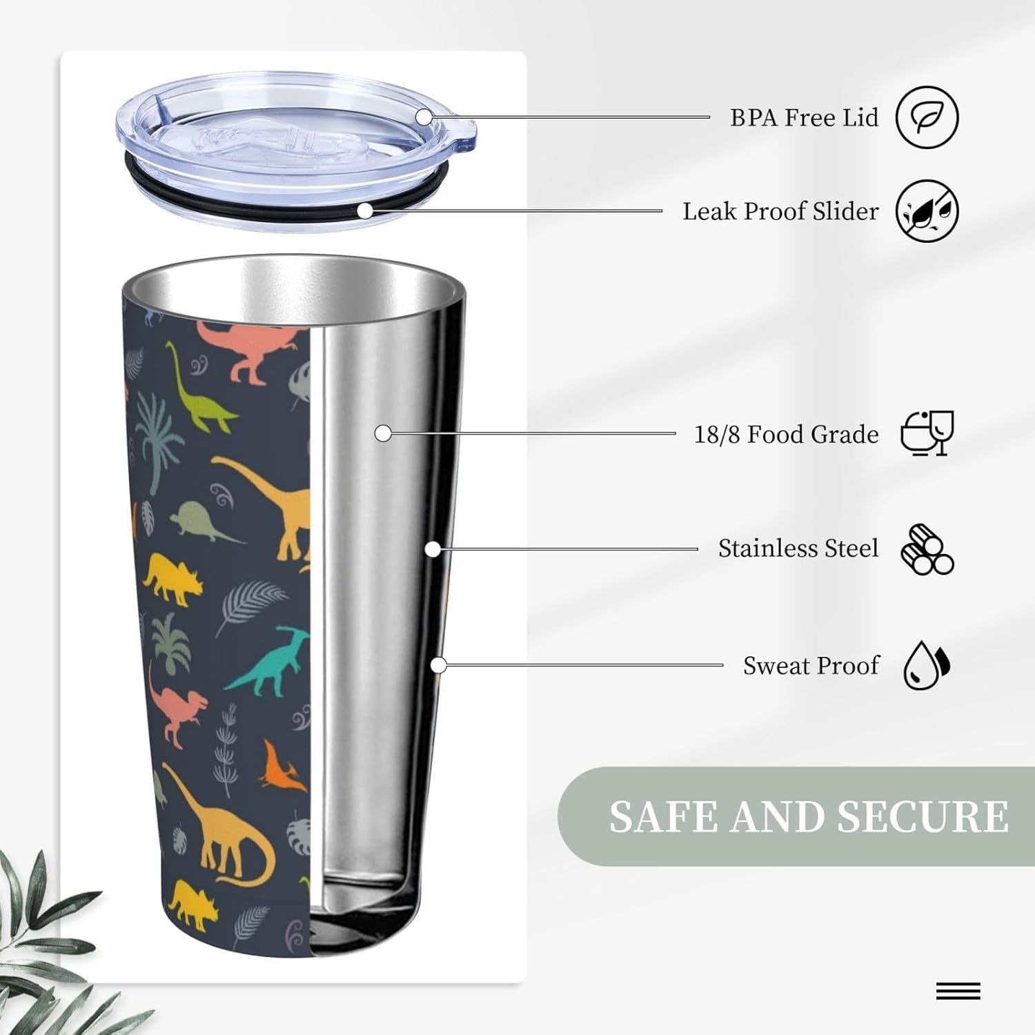 Dinosaur 20oz Tumbler with Lid and Straw for Women Men, Cute Dinosaur Insulated Mug Colorful Cartoon Dino Animals Plants Stainless Steel Tumbler Double Wall Vacuum Travel Mug Coffee Cup - Image 5