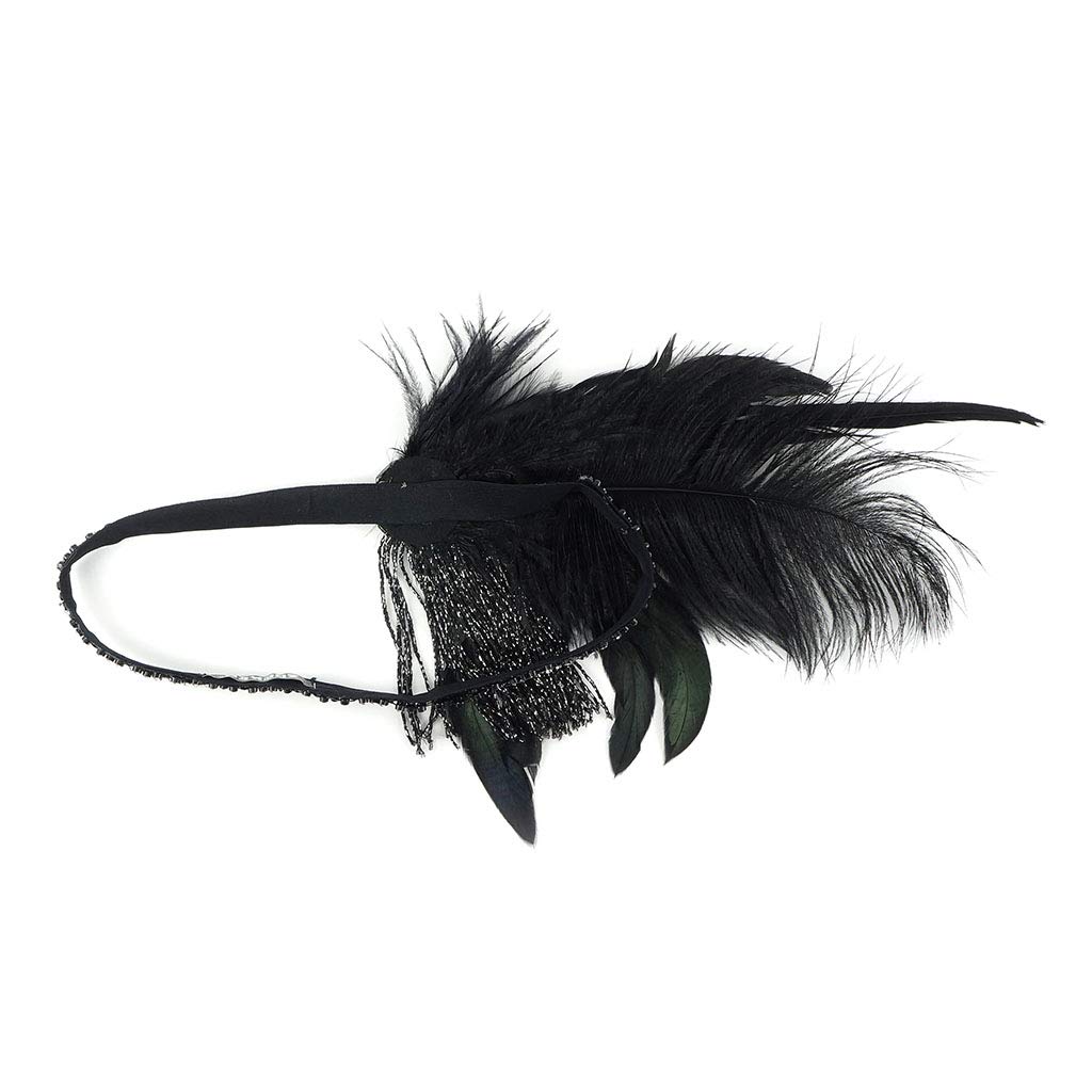 ZUCKER Art Deco Gatsby Style Feather Headband w/Ostrich/Pheasant/Rooster and Rhinestone Embellishment - Black