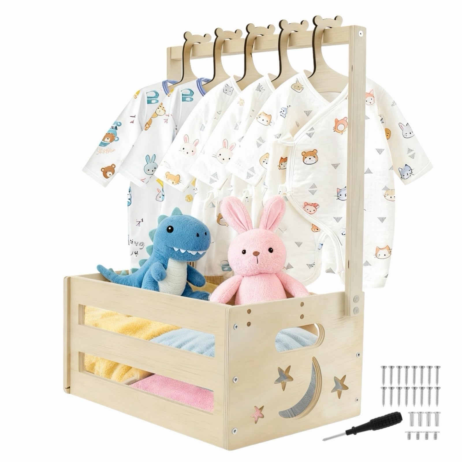 Siocok Natural Wood Color Baby Shower Crate Closet With 5 Hangers Wooden Wooden Baby Shower Hamper Basket With Handle Newborn Clothes Wardrobe Storage Basket Newborn Essentials Pregnancy New Parent Gifts