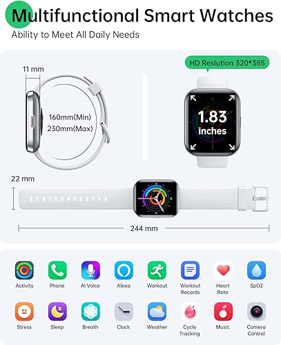 Miniatura 6 de WMK Reloj inteligente con Alexa, responder/hacer llamadas, pantalla de 1.83 pulgadas, batería de 10 días, monitor de frecuencia cardíaca/SpO2/sueño,